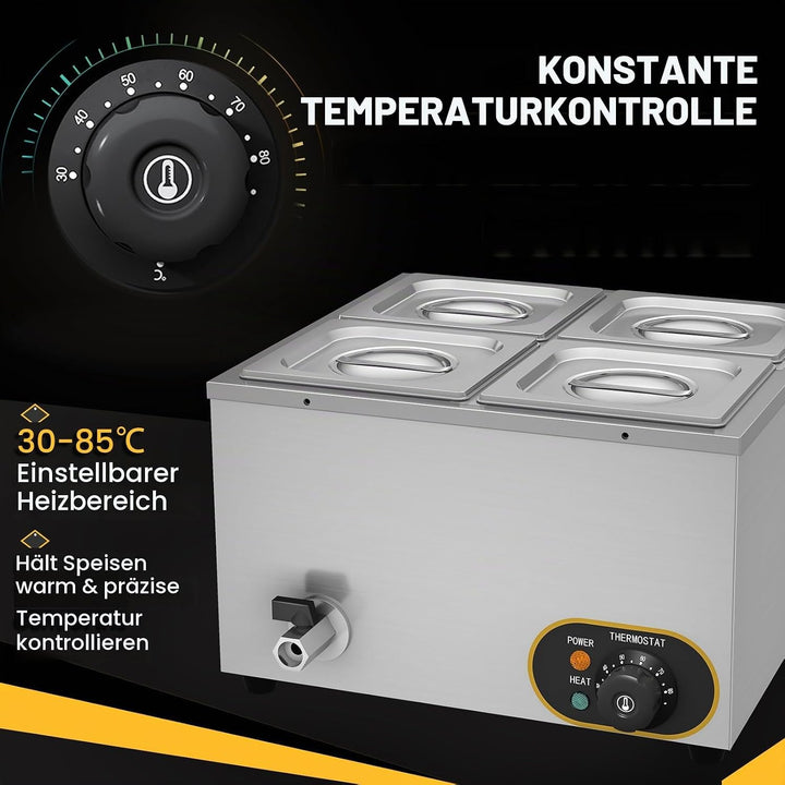 MOOTACO Elektrischer Wasserbad aus Edelstahl, Buffet, 4 x 1/6 mit Deckel, einstellbare Temperatur 30