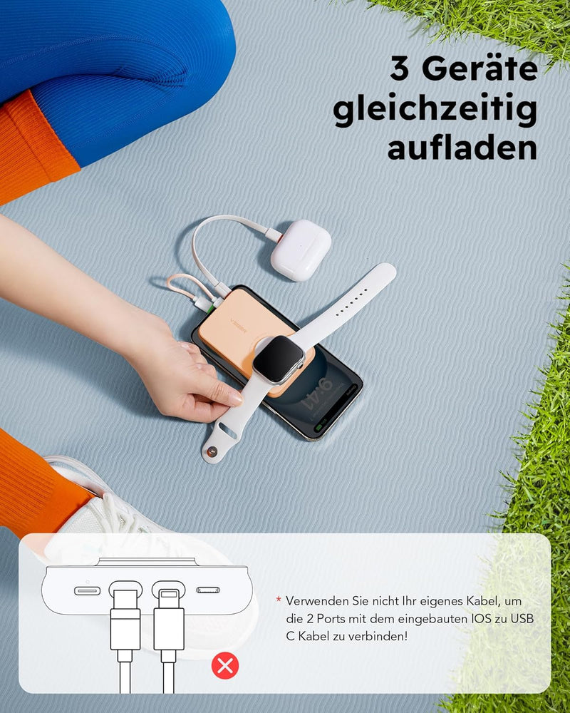 VEGER Mini Power Bank 20W PD, 10000mAh Powerbank mit Eingebautem Apple Kabel, mit Apple Watch Laden,