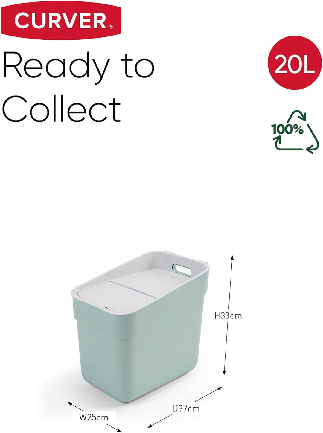CURVER Ready to Collect 100% recycelter 20-Liter-Küchenzubehör-Recycling-Mülleimer mit Deckel mit De