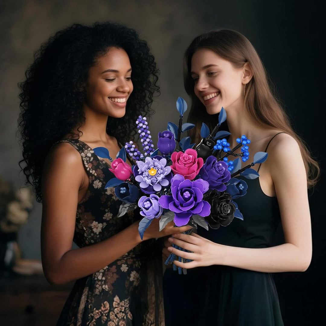 Blumen Bauset - 17 Blume Blumenstrauss Bausteine mit LED, 887 Teile Kunstblumen Bausatz Spielzeug, L