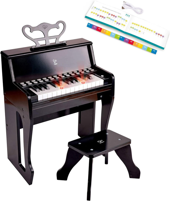 Hape Leuchttasten-Piano mit Hocker und Notenhalter, Musikspielzeug aus Holz, ab 3 Jahren, Schwarz