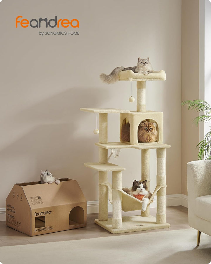 Feandrea Kratzbaum, 143 cm hoch, Katzenbaum, mehrstöckiges Katzenhaus, mit 4 Kratzsäulen, 2 Plattfor