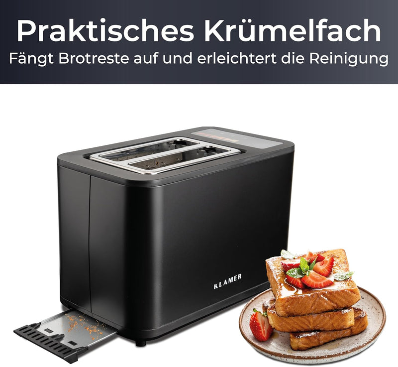 KLAMER Toaster, Toaster mit Brötchenaufsatz, hochwertiger 2 Scheiben-Toaster, 6 Bräunungsgrade, Touc