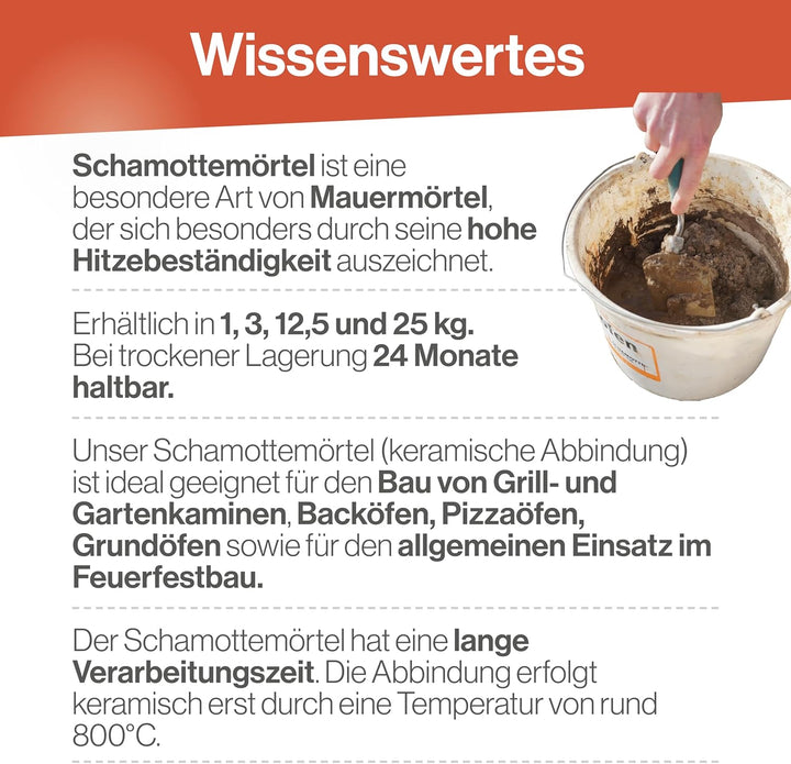 Feuerfest 123 - Schamottemörtel [Menge 1 kg] - Für Kaminöfen, Öfen & Grills - Feuerfester Mörtel 1.4