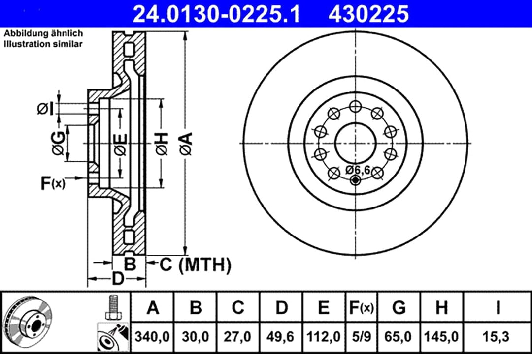 ATE Original Bremsscheibe - 1 Bremsscheibe - 24.0130-0225.1 - ECE-R90 Strassenzulassung