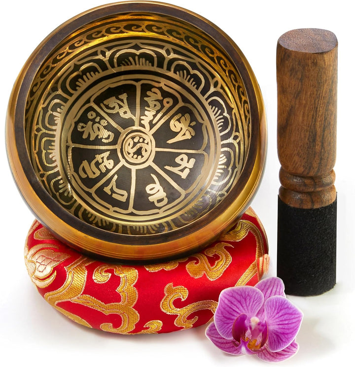 Tibetische Klangschale Set, mit Klöppel und Klangschalenkissen in Loktapapier Geschenk-Box. Singing