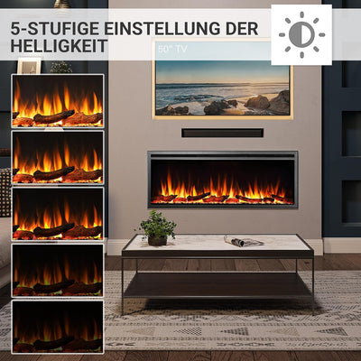 CrownFlame Atalanta 50" Elektrokamin - Elektrischer Einbaukamin mit Heizung 1000/2000 W, realistisch