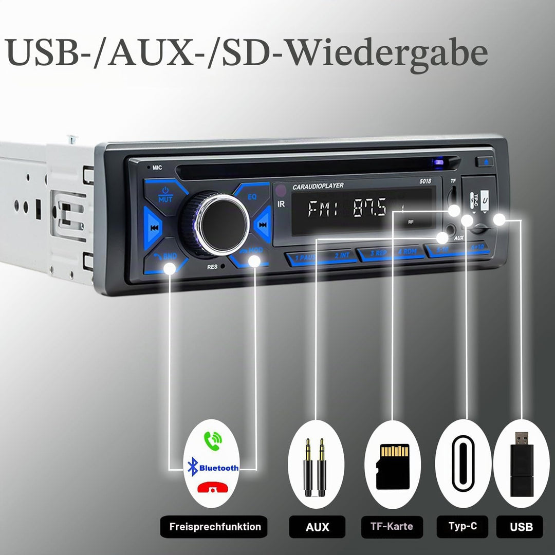 1DIN Autoradio Bluetooth mit CD/DVD Player Typ-C USB AM/FM/RDS Radio 2", 2"