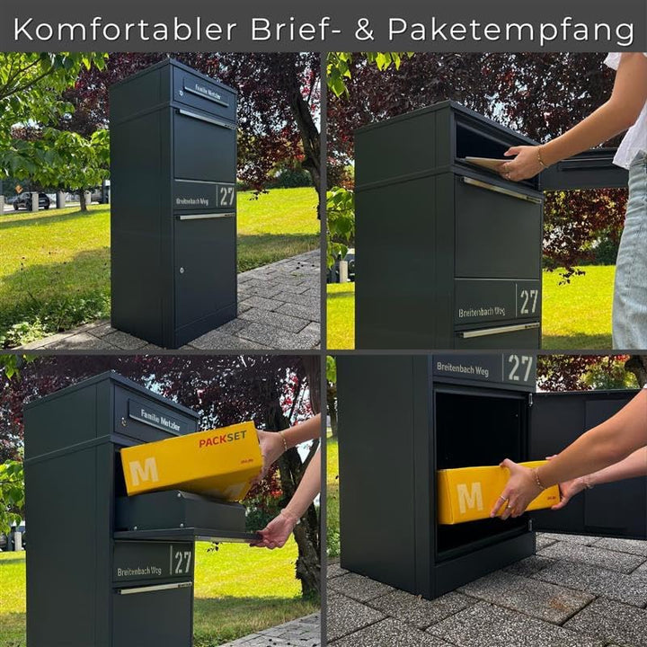 Metzler Paketbox draussen gross in Anthrazit - Briefkasten mit Paketfach personalisiert mit Gravur -