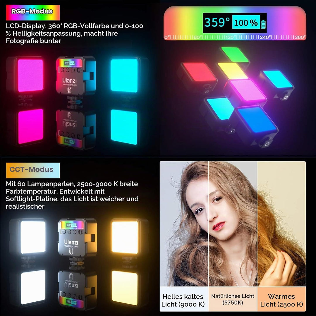 LED Videoleuchte RGB mit Eingebautem Akku, Mini Dimmbare Videolicht 2500K-9000K, Kamera Licht Dauerl