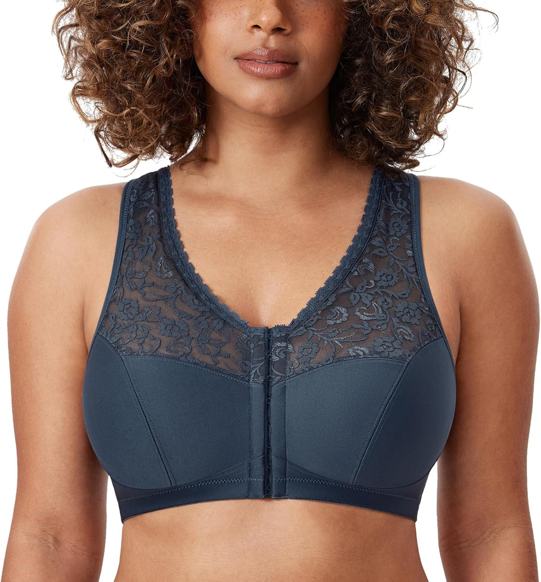 DELIMIRA Damen BH mit Vorderverschluss ohne Bügel Grosse Grössen Spitzen BH 75C Sargasso, 75C Sargas