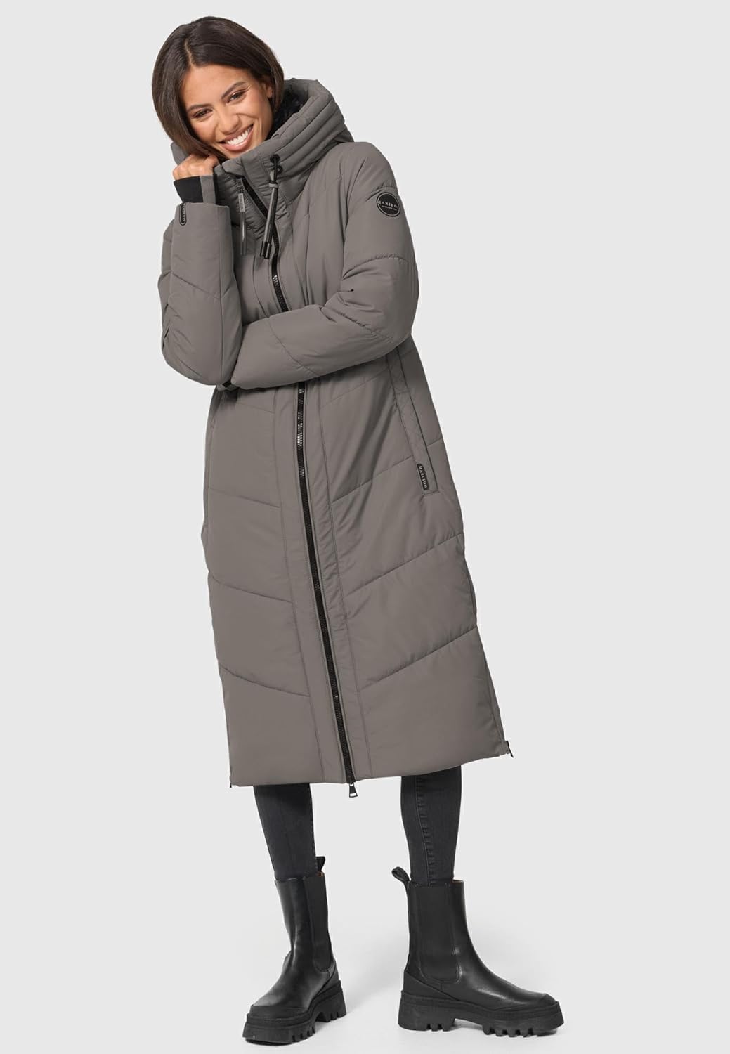 MARIKOO Damen Wintermantel Warmer Steppmantel lang mit Verstellbarer Kapuze und hohem Kragen Nadaree