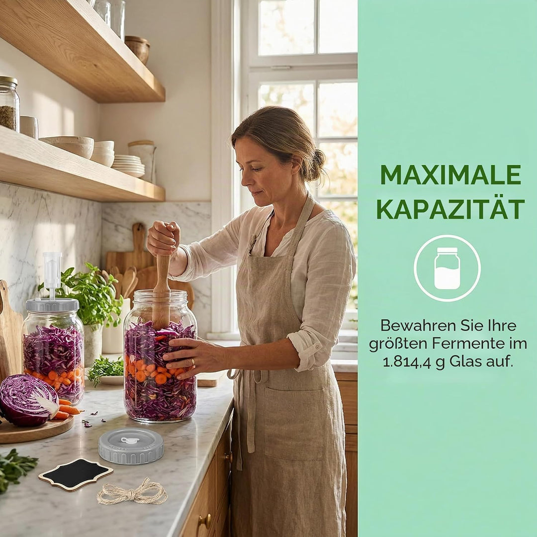 2 Stück Fermentierglas 2L mit Deckel Fermentiergläser Kimchi Behälter Luftschleuse Gärglas mit Etike