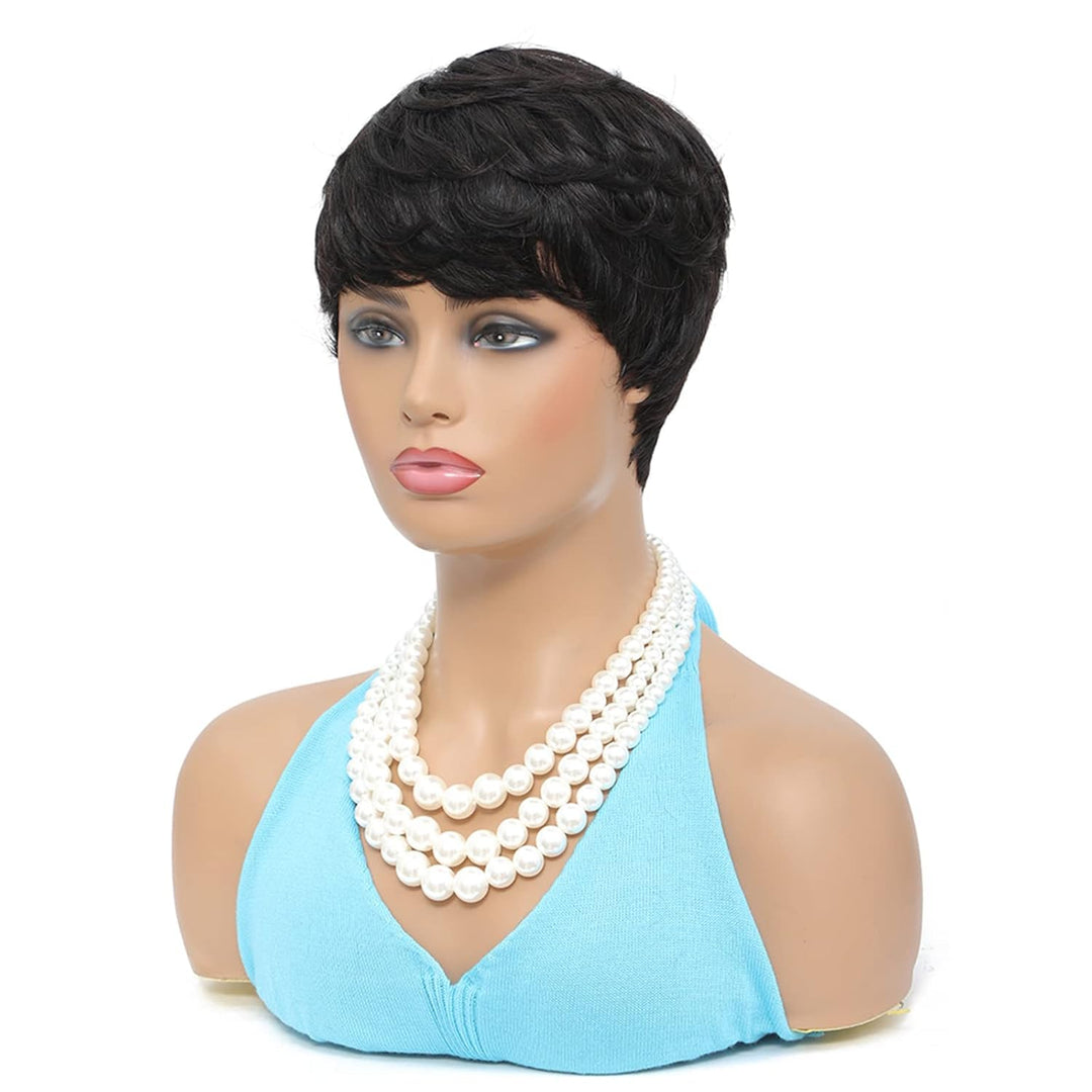 Echthaarperücke Kurzer Pixie-Cut Schwarzer Bob Perücken für Frauen Kleberlos geschichtet Keine Lace