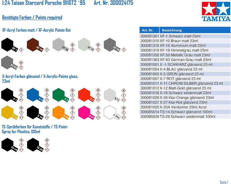 Tamiya 300024175 Porsche Fahrzeug 300024175-1:24 Taisan Starcard 911GT2 `95,originalgetreue Nachbild