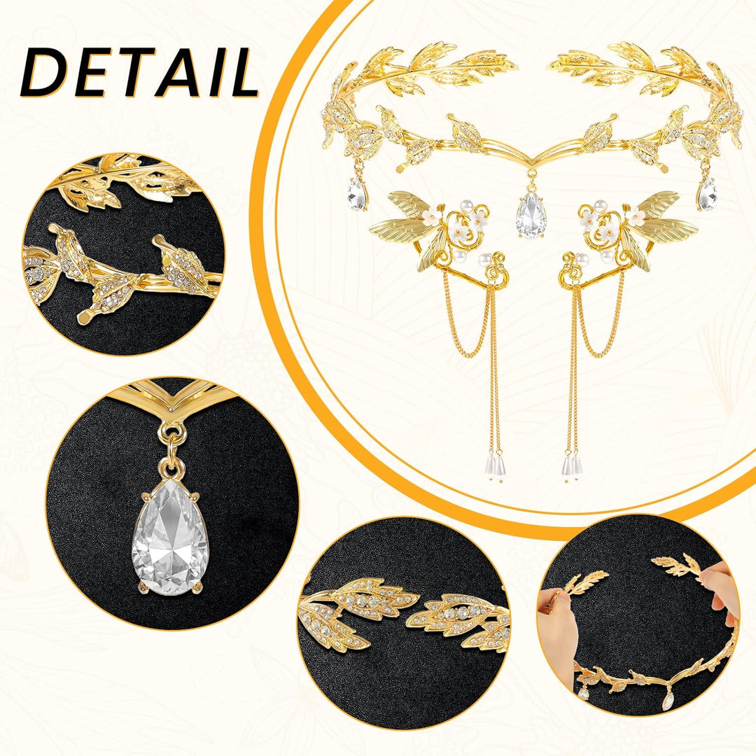 Hifot Elfen Ohrringe Tiara Set für Damen, Elfen Krone Kopfschmuck Fee Pixie Elf Ohren Ohrclips für E