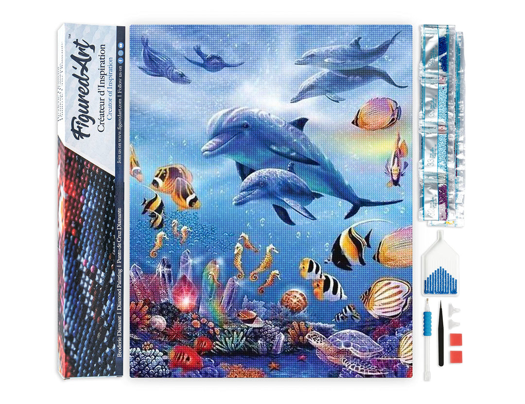 Figured'Art Diamond Painting Erwachsene 40x50cm Ganze Leinwand gerollt Delfine im Meer 5D Bilder Eck
