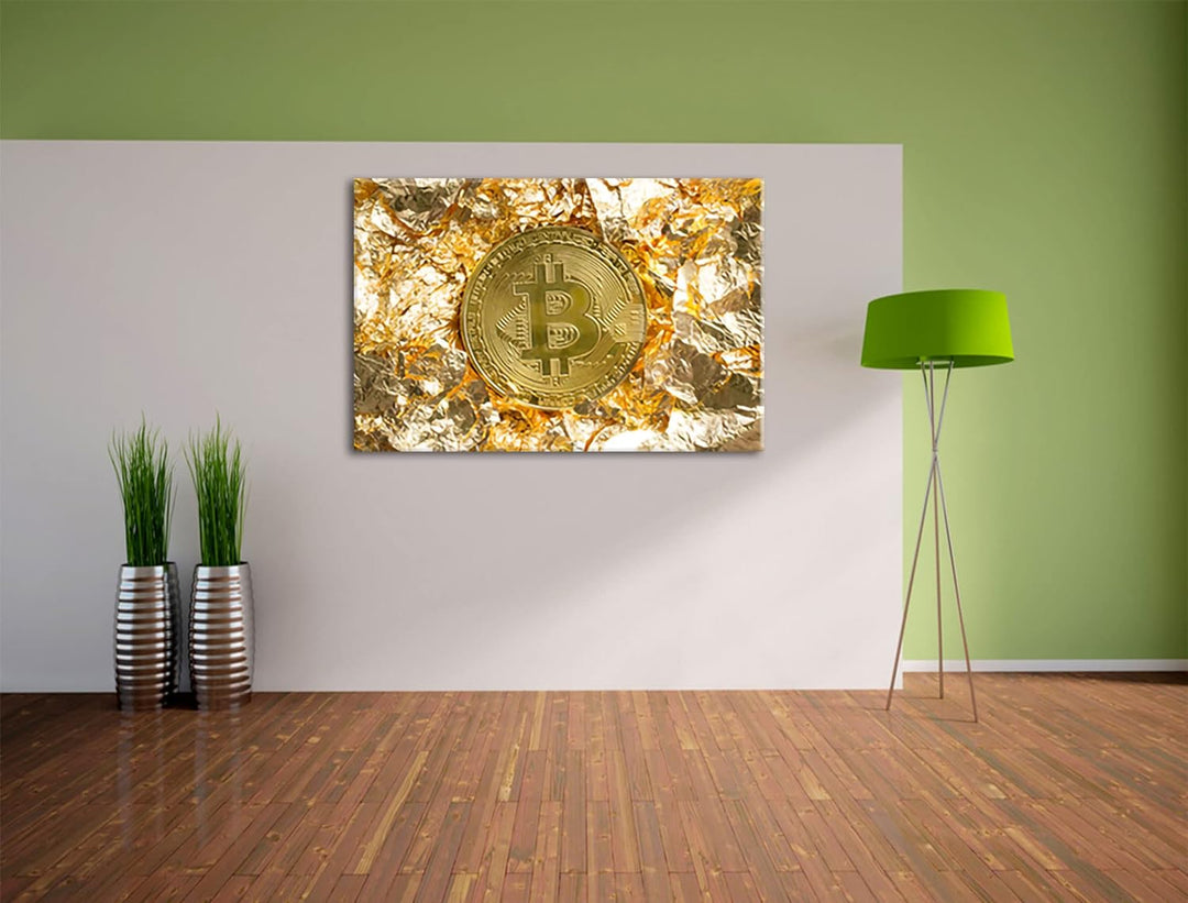 Pixxprint Bitcoin BTC Goldpapier als Leinwandbild | Grösse: 120x80 cm | Wandbild | Kunstdruck | fert
