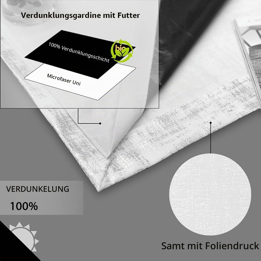 always4u Gardinen mit Muster Silber Blickdicht 100%, Samt Vorhang Wohnzimmer, Vorhang Verdunkelung K