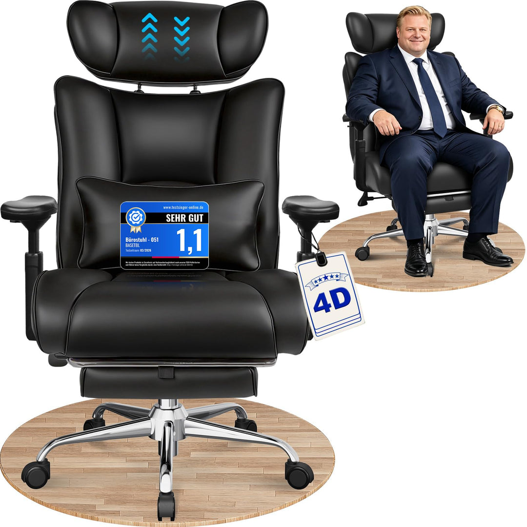 BASETBL Bürostuhl 200kg, 4D Armlehnen, Chefsessel mit 4-stufiger Gasdruckfeder, Verstellbarer Lenden