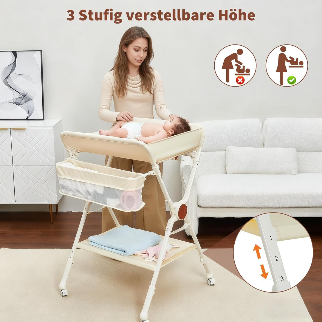 Virimolo Baby Wickeltisch Mit Rollen, Tragbare, Höhenverstellbare Und Klappbar Wickelstation Mit Org