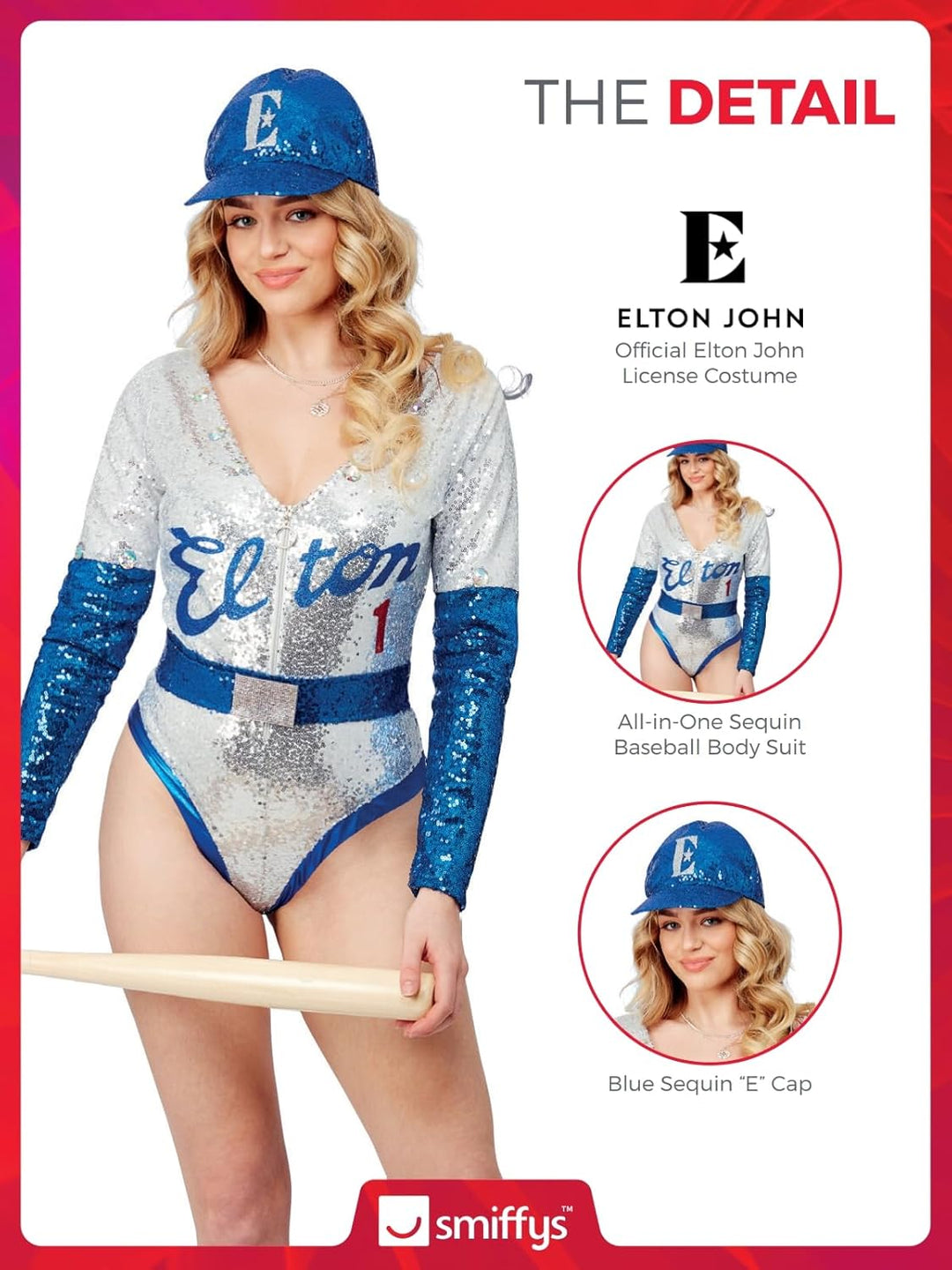 Smiffys Offiziell lizenziertes Elton John Deluxe Pailletten-Baseball-Kostüm für Damen X-Small (UK 4-