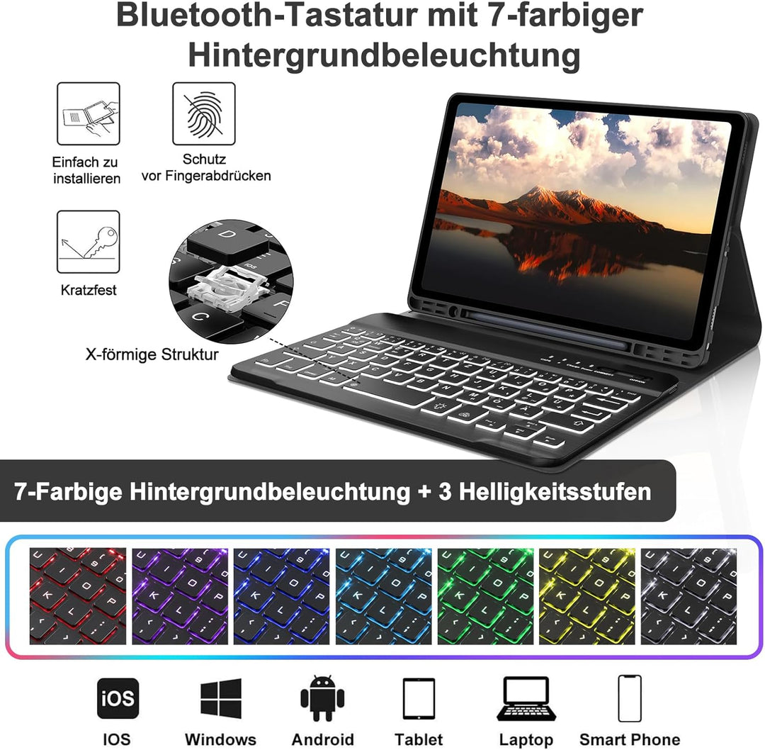 Hülle mit Tastatur für Samsung Galaxy Tab A9 8.7'' 2023, 7 Farben Beleuchtung, QWERTZ Deutsches, Mag