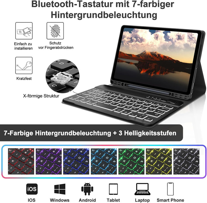 Hülle mit Tastatur für Samsung Galaxy Tab A9 8.7'' 2023, 7 Farben Beleuchtung, QWERTZ Deutsches, Mag