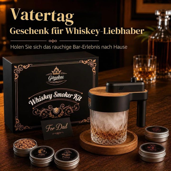 Whiskey-Smoker-Set mit integriertem Feuerzeug, 6 Sorten Holzspäne, 2 Gläser, 2 Eisballformen, Cockta