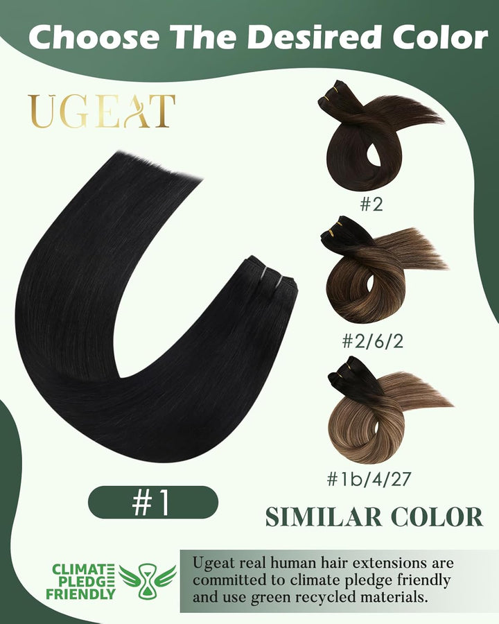 Ugeat Tressen Echthaar Extensions 35cm Schwarz Unsichtbar Echthaar Tressen zum Einnähen Schwarz #1 E