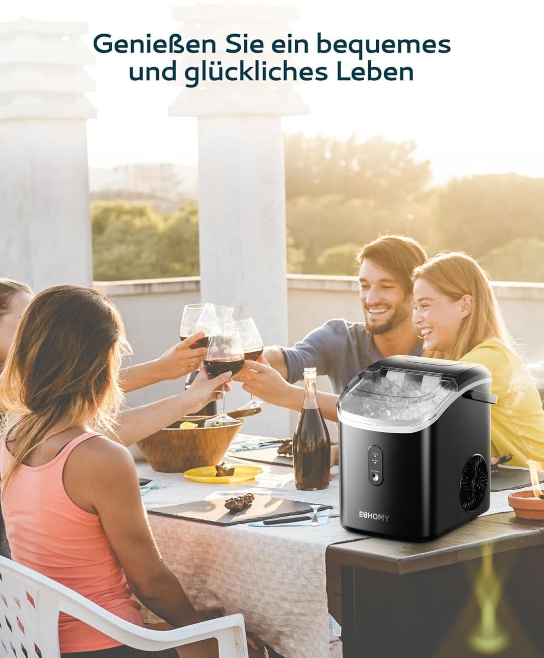 EUHOMY Eiswürfelmaschine, 15kg/24h, Herstellung in 6 Minuten, Crushed Ice Maker, Nuggets Ice, Automa