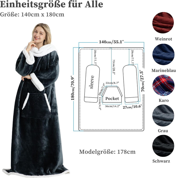 Winthome Kuscheldecke mit Ärmeln Dick, Wolldecke Warm Winter, Sherpa Decke mit Tasche, Fleecedecke W