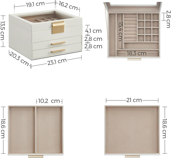 SONGMICS Schmuckkästchen mit Glasdeckel Schmuckkasten mit 3 Ebenen, Schmuckbox mit 2 Schubladen, Sch
