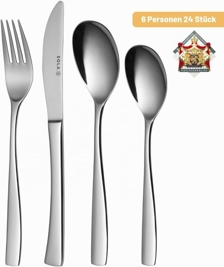Sola Lotus Besteck Set - 6 Personen Essbesteck - 24 Teilig, 18/10 Rostfreiem Stahl - Robustes &amp; Eleg