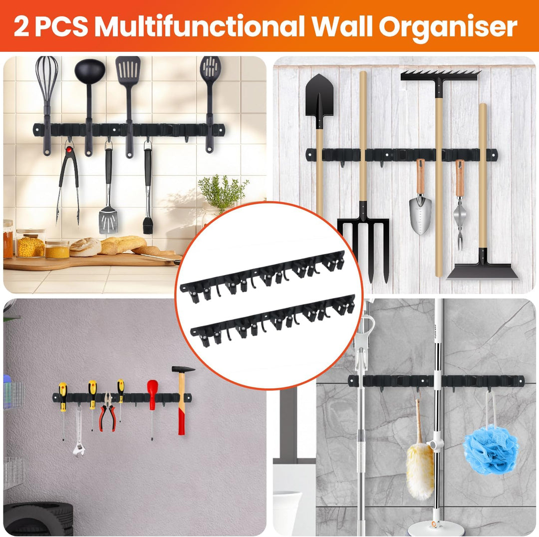 2 Stück Besenhalterung Wand, 10 Halter + 8 Haken Edelstahl Gerätehalter, Selbstklebend Gartengeräteh