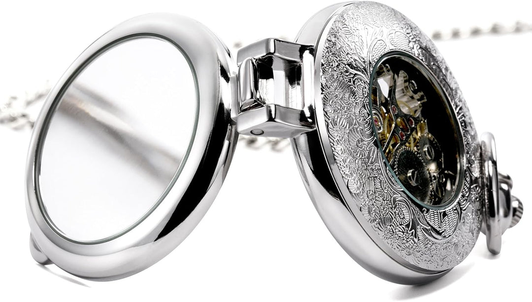 TREEWETO Unisex Taschenuhr mit Kette Analog Handaufzug Stehende Lupe Skelett Silber