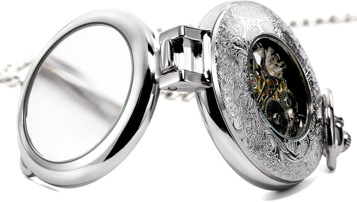 TREEWETO Unisex Taschenuhr mit Kette Analog Handaufzug Stehende Lupe Skelett Silber
