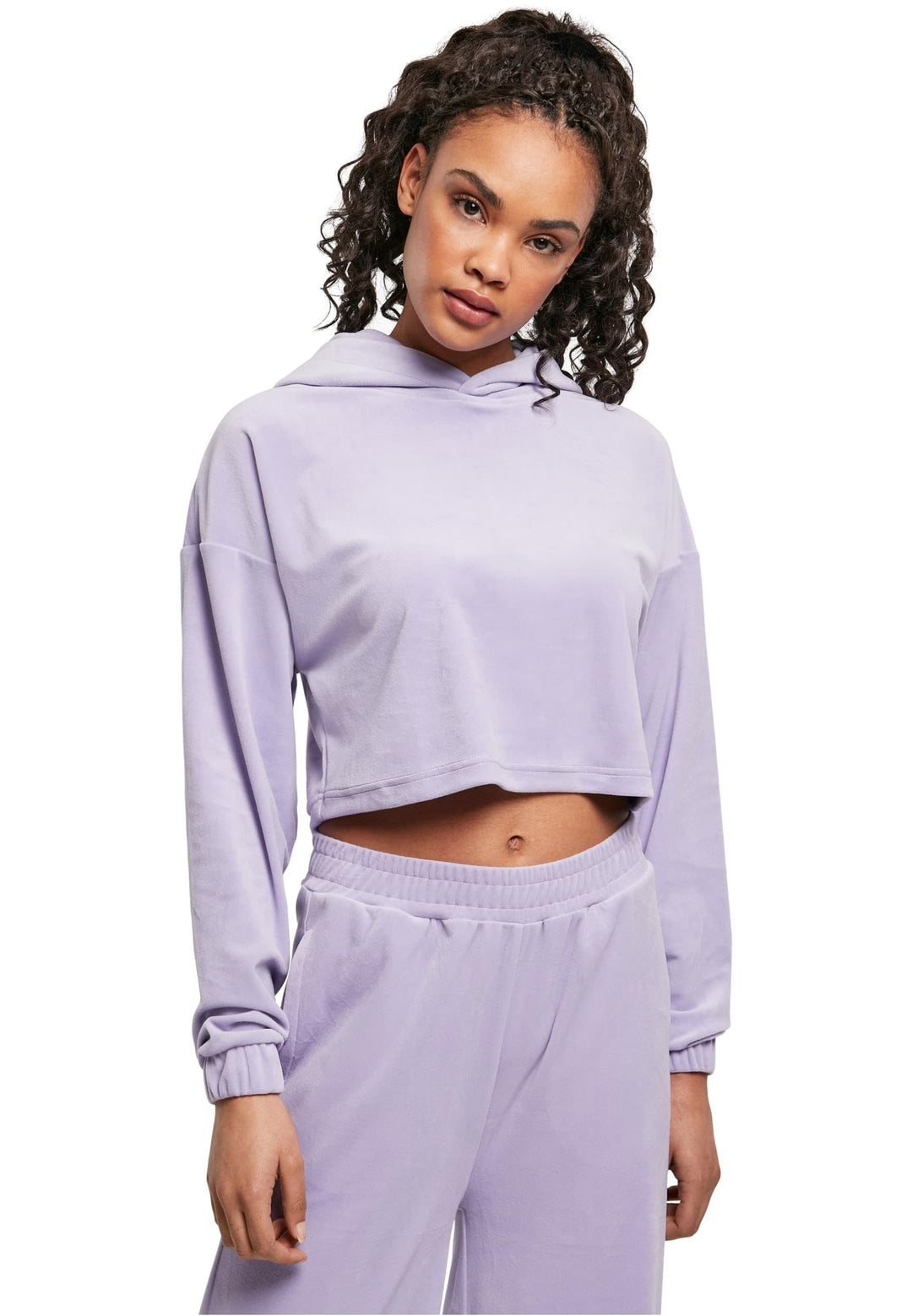 Urban Classics Damen Hoody kurzer Oversize Kapuzenpullover aus weichem Samtstoff, bauchfreier Kapuze