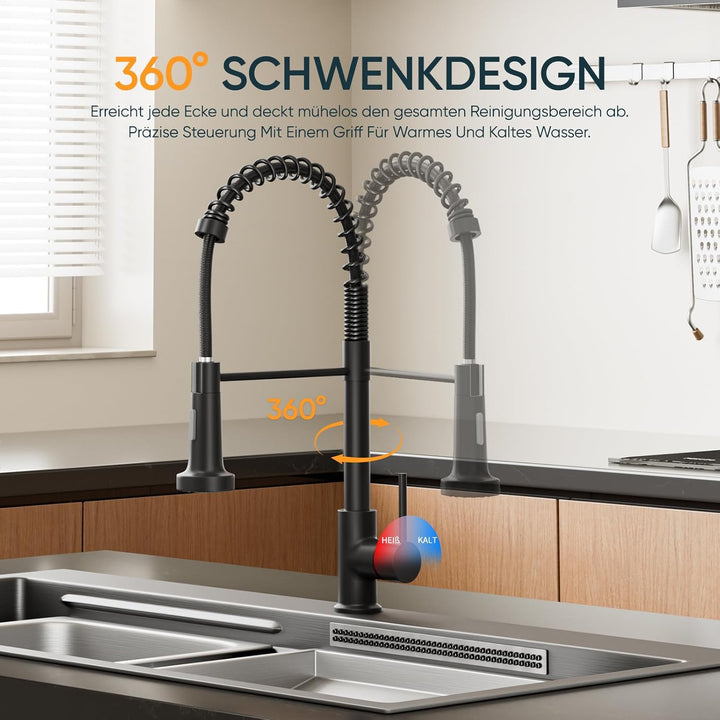 BESy Küchenarmatur Wasserhahn Schwarz Matt, Ausziehbar mit 2 Funktionen, Hochdruck Mischbatterie aus
