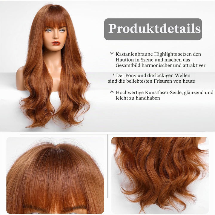 HAIRCUBE Auburn Perücke mit Bangs für Frauen Auburn Lange Wellen Haar Perücke Curly Wellen synthetis