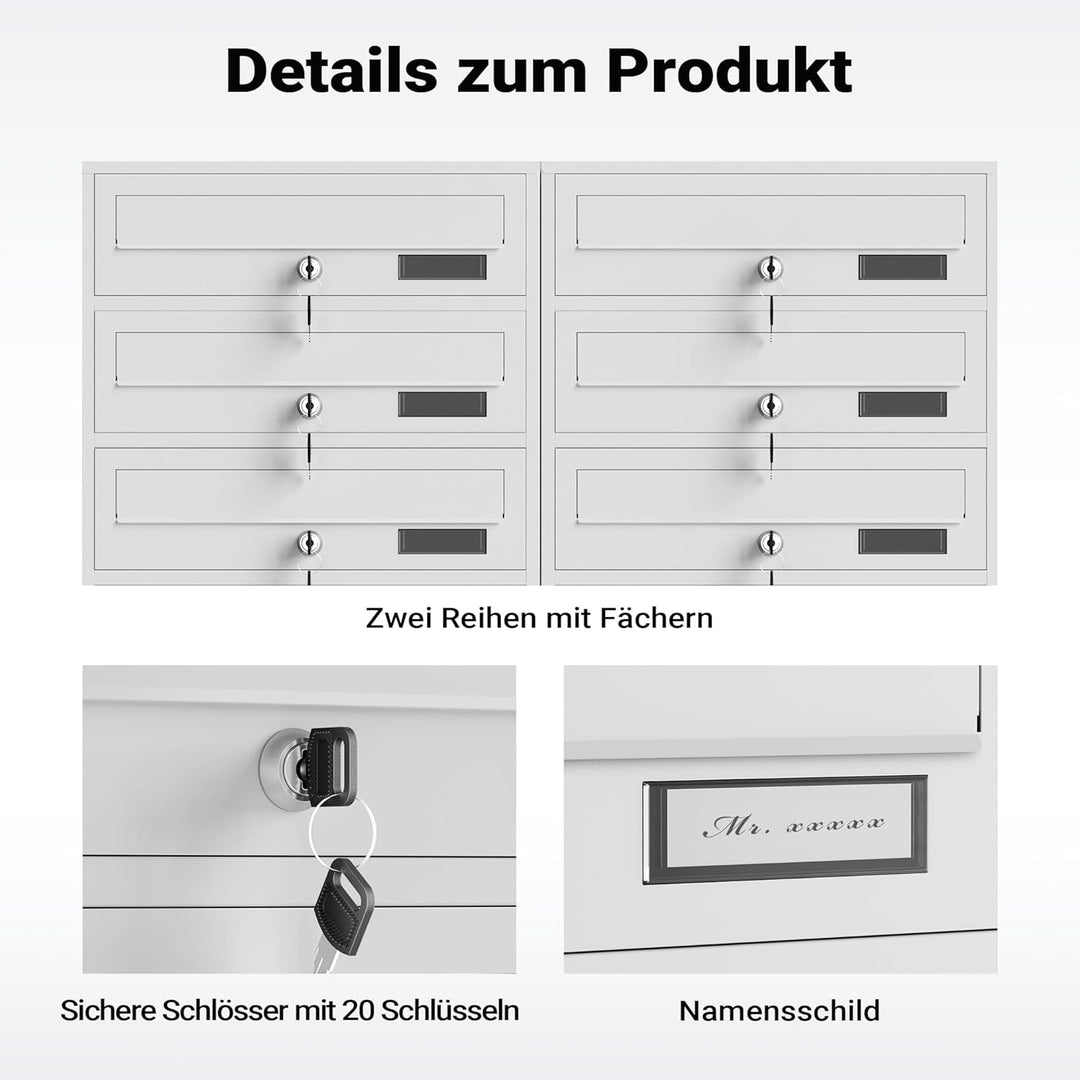Wiltec 10er Briefkastenanlage weiss 945 x 270 x 1500 mm, Standbriefkasten mit 2x5 Fächern, Schlüssel