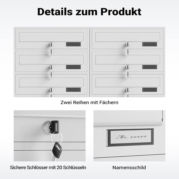 Wiltec 10er Briefkastenanlage weiss 945 x 270 x 1500 mm, Standbriefkasten mit 2x5 Fächern, Schlüssel