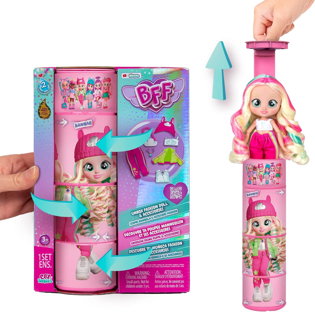 BFF by Cry Babies S2 Hannah Modepuppe mit Langen Haaren, Stoffkleidung und 10 Accessoires – Spielzeu