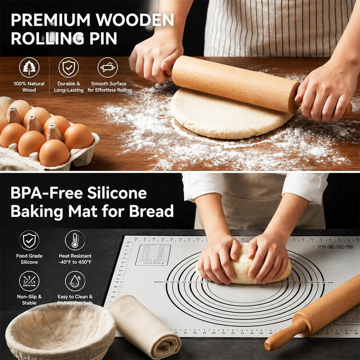 17 Stück Sauerteig Starter Set mit Gärkörbchen (2 Stück, 25cm), Gärkorb Brot Brotbackzubehör Mit Sau