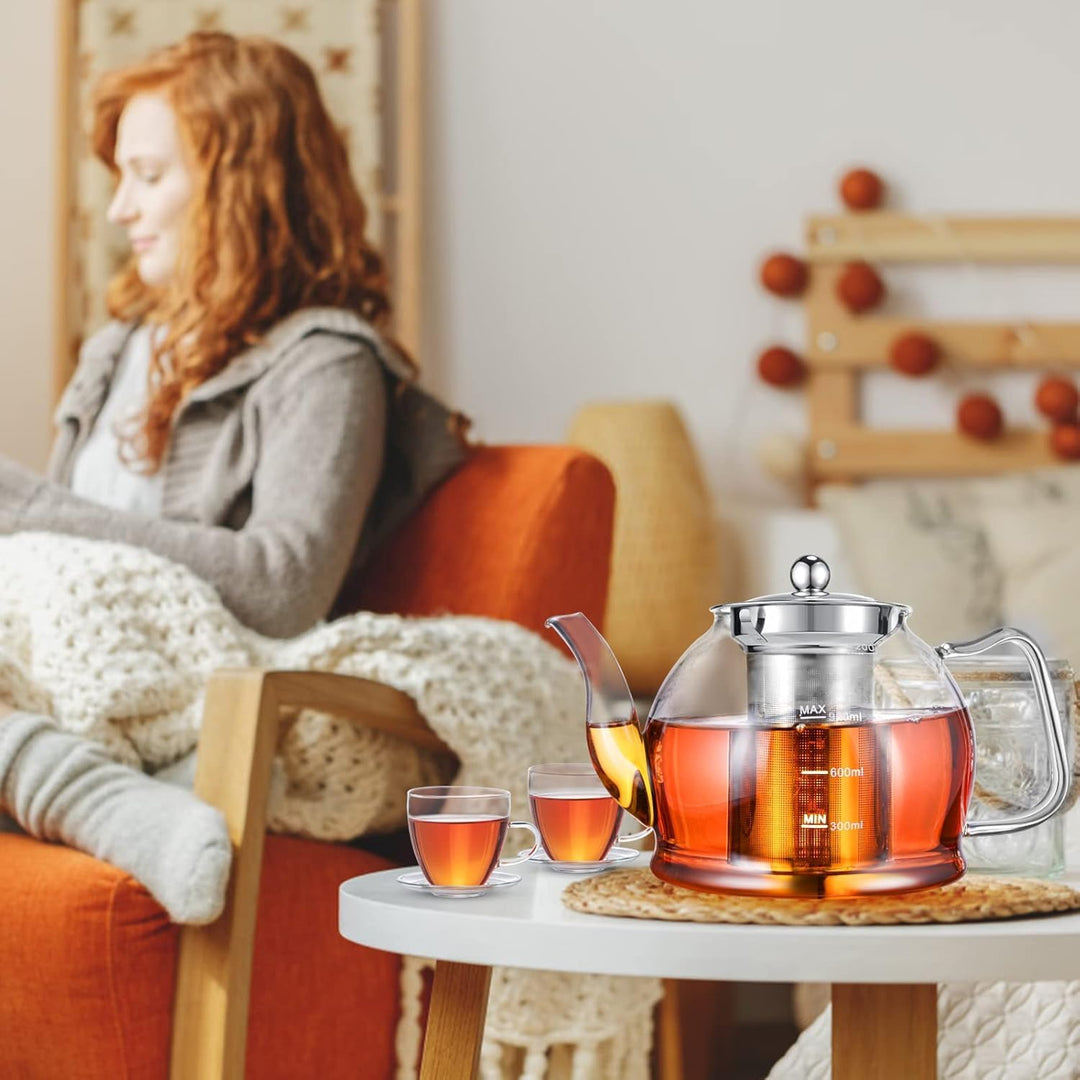 1200ML Teekanne Glas Set, Teeservice 4 Gläser, Borosilikatglas Glasteekanne mit Siebeinsatz, Tee-Ei