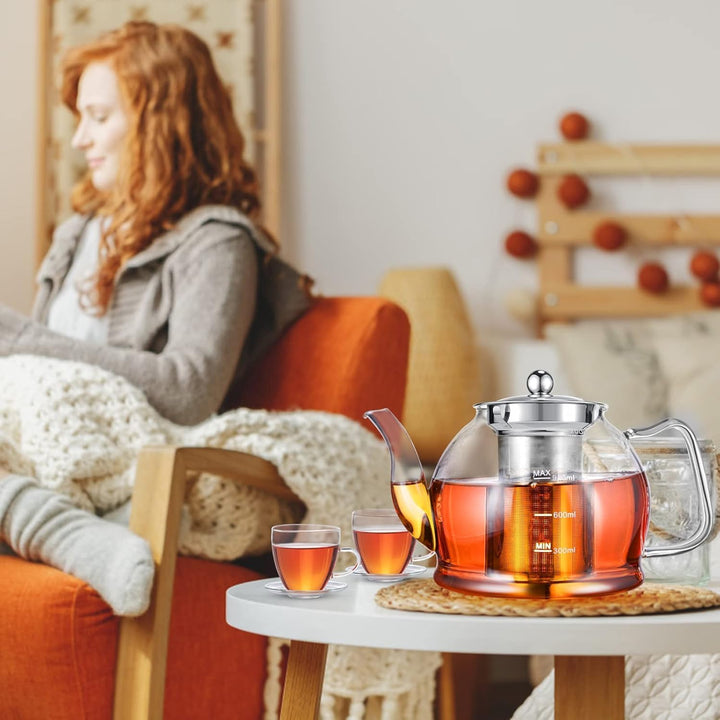 1200ML Teekanne Glas Set, Teeservice 4 Gläser, Borosilikatglas Glasteekanne mit Siebeinsatz, Tee-Ei