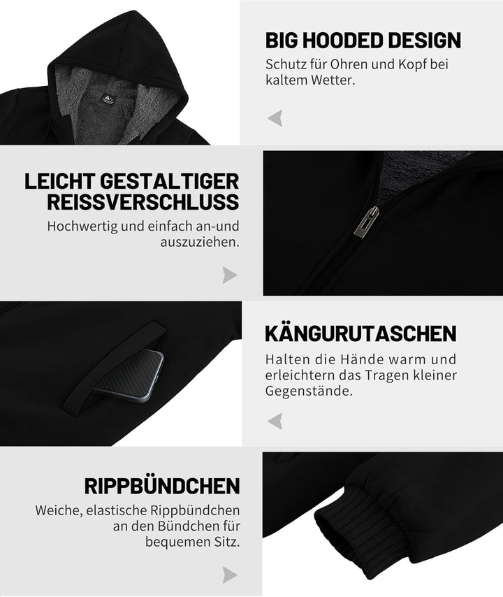 JACKETOWN Herren Sweatshirt Gefüttert Hoodie Reissverschluss Sweatjacke Warm Fleece Winterjacke Tedd
