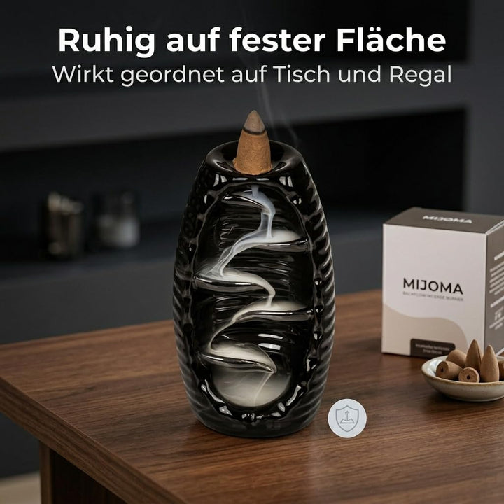 MIJOMA Rückfluss Räucherkegelhalter aus Schwarzer Keramik, Wasserfall-Räucherkegelhalter, Weihrauchb