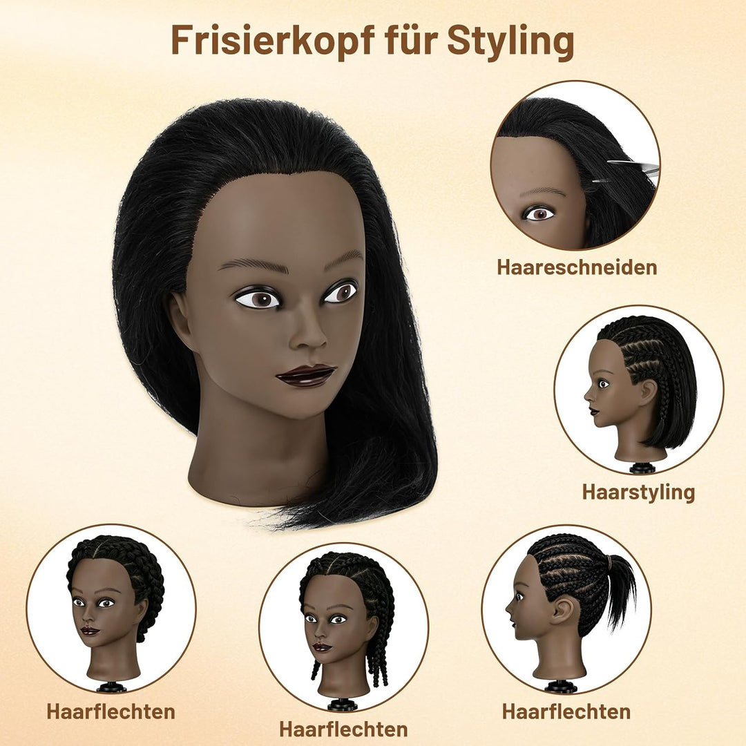 TwoWin 16 Zoll /40 cm Afro Trainingsköpfe für Friseure, Frisierkopf mit 100% Echthaar, Übungskopf Af