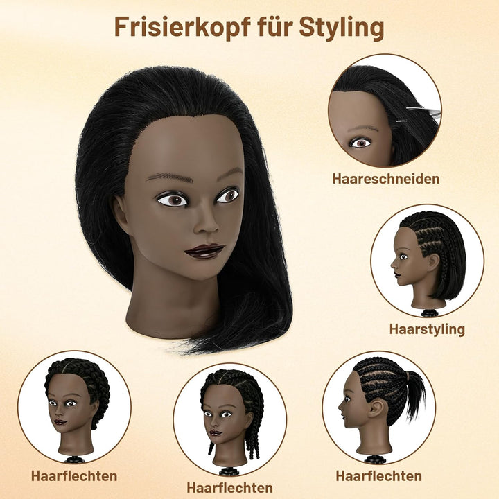 TwoWin 16 Zoll /40 cm Afro Trainingsköpfe für Friseure, Frisierkopf mit 100% Echthaar, Übungskopf Af